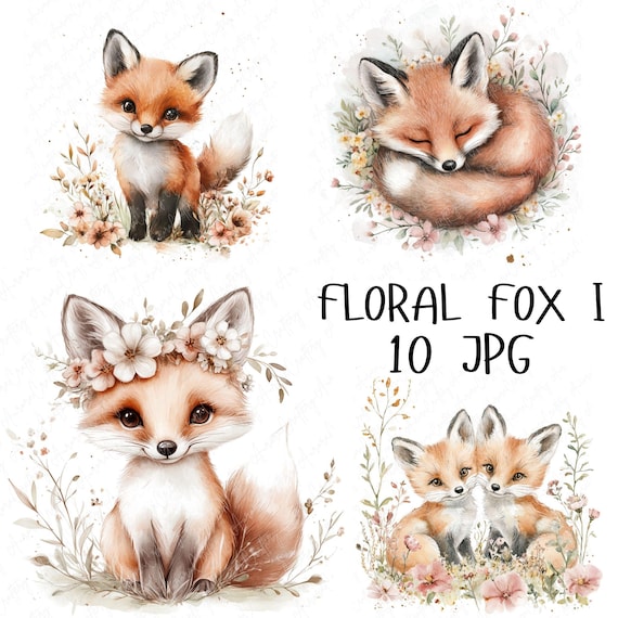 10 Watercolor Fox Clipart, Floral Fox with Flowers, Woodland Animal Clipart, Cute Fox Nursery Clipart, High Quality JPG Digital Download