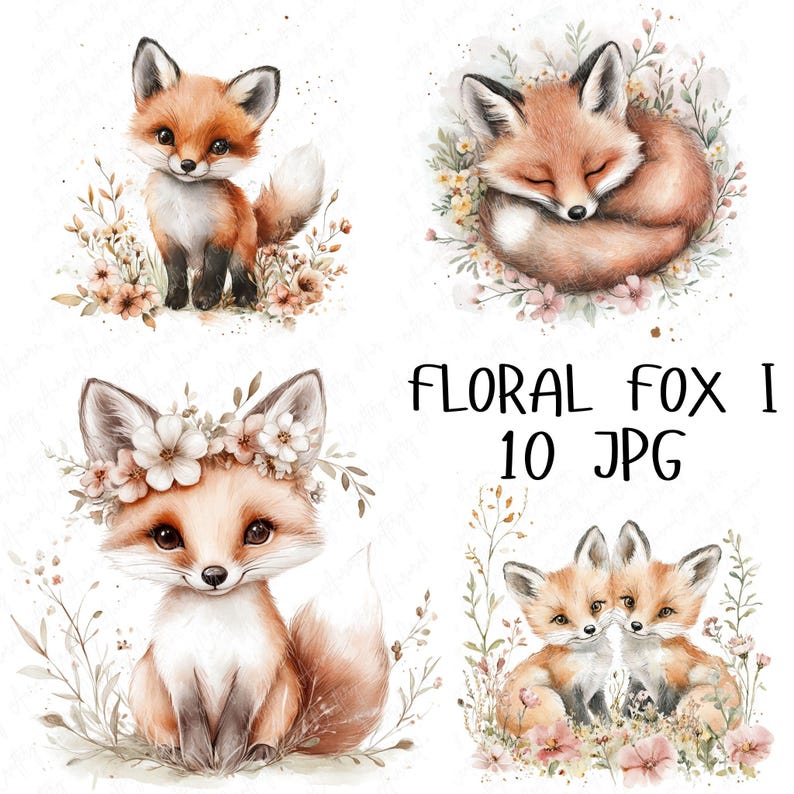 Pu&ograve; includere: Un set di 10 illustrazioni digitali di volpi con accenti floreali. Le volpi sono raffigurate in varie pose, tra cui dormire, sedersi e stare in piedi. I fiori sono in tonalit&agrave; di rosa e bianco.