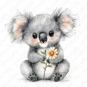 3 koalas de acuarela con flores, crías de koala con margaritas, animales florales, conjunto de animales australianos, JPG de alta calidad