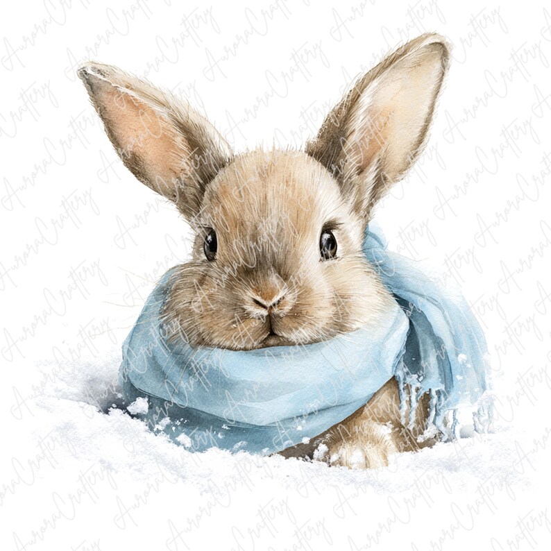 8 Watercolor Winter Bunny Clipart, Cute Rabbit in Blue Scarf Sitting in ...