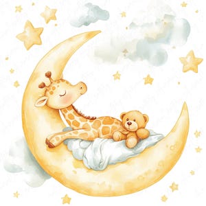 7 imágenes prediseñadas de jirafa bebé en acuarela / imágenes prediseñadas de jirafa bebé, oso de peluche, luna y nube, baby shower y creación de tarjetas / Descarga digital JPG de alta calidad