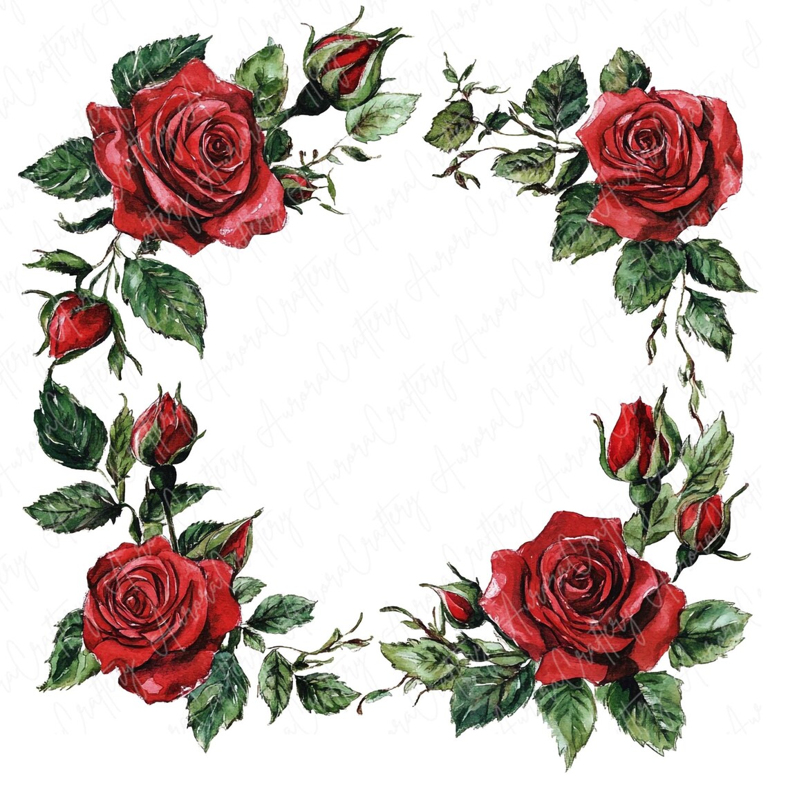 12 Watercolor Rose Frame Clipart, Valentine's Red Roses Square Frames ...