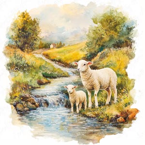 May include: A watercolor painting of a peaceful countryside scene with two white sheep standing by a stream. The sheep are in a grassy field with a small waterfall in the background. The sky is a light blue with white clouds.