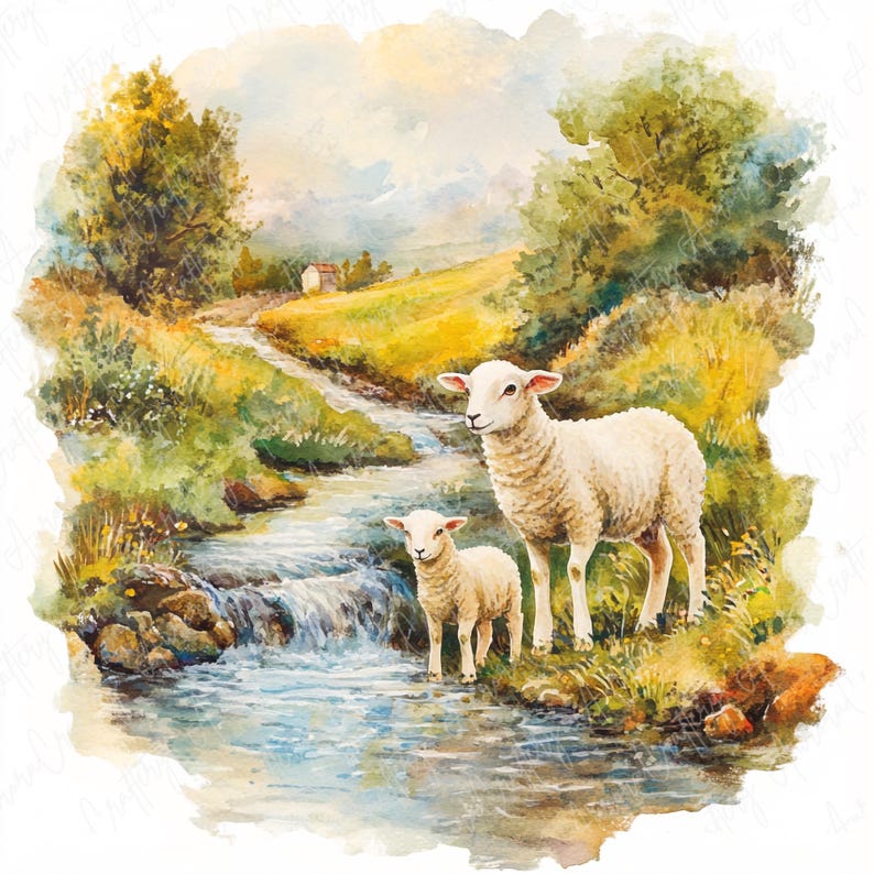 May include: A watercolor painting of a peaceful countryside scene with two white sheep standing by a stream. The sheep are in a grassy field with a small waterfall in the background. The sky is a light blue with white clouds.