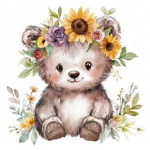 5 akwarelowych kwiatowych niedźwiedzi clipart, słodkie misie z kwiatowymi koronami, leśny niedźwiedź clipart, kwiatowe leśne zwierzęta clipart, wysokiej jakości JPG