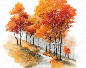 萌えるような秋 の風景]水彩画 木製フレーム付き 萌えるような秋 の