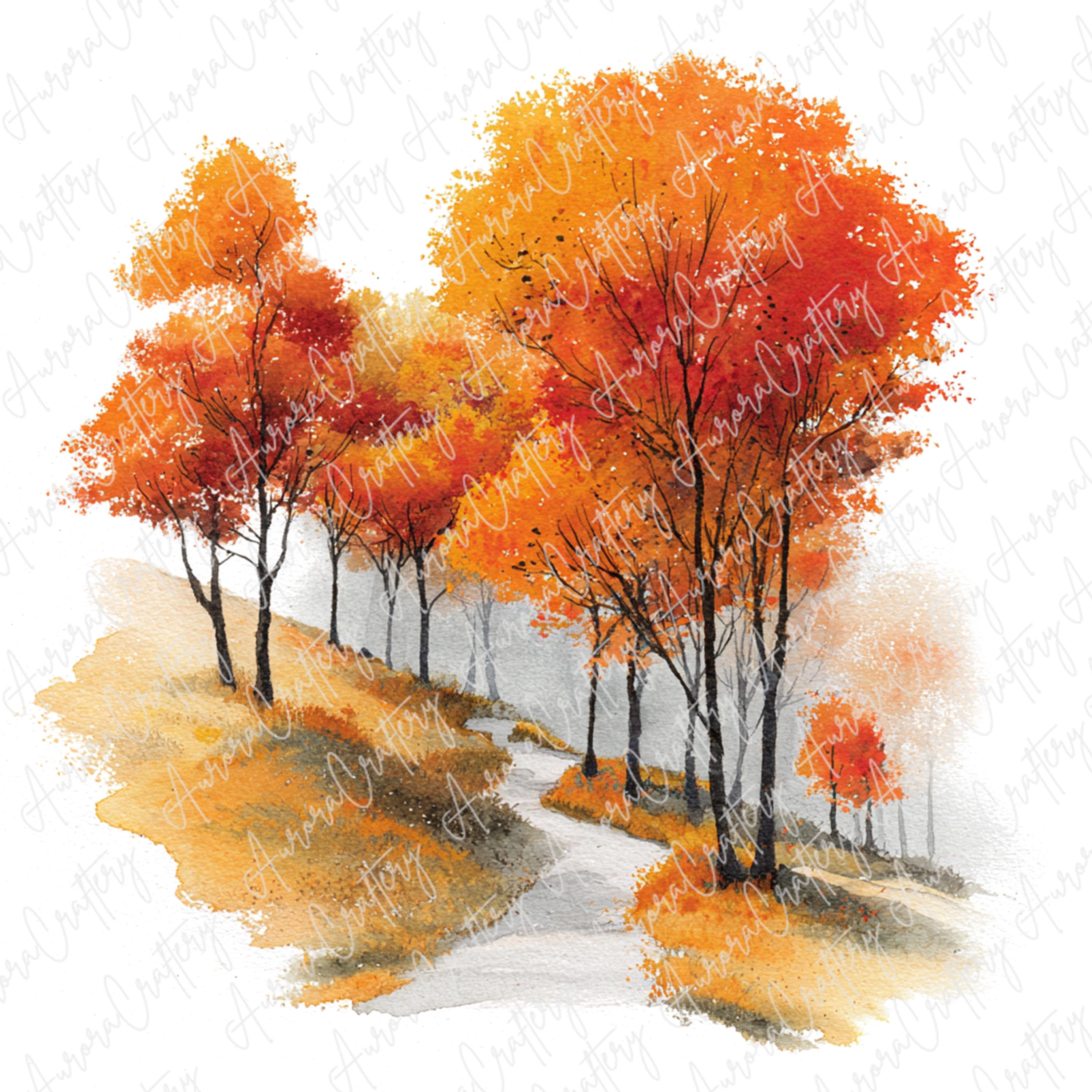 6枚の水彩画風の秋の風景イラスト、季節の工芸品や装飾に最適な秋の