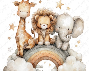 6 Watercolor Safari Animals on Rainbow, Clipart for Nursery, Baby Shower & Crafts, High-Quality JPG