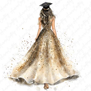 5 Clipart di ragazze laureate in oro, ragazze in abiti scintillanti con tocchi di laurea e diplomi, elegante laurea ad acquerello, JPG di alta qualità