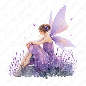 3 Watercolor Lavender Fairy Clipart, Fairy Sitting in Lavender Fields, Clipart for Paper Crafts and Journals, High Quality JPG Download