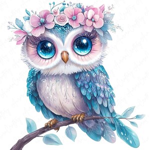 A collection of 16 whimsical watercolor owls adorned with beautiful floral crowns, ideal for use in invitations, nursery decor, and stickers. Each owl is intricately designed with delicate flowers and bright colors.