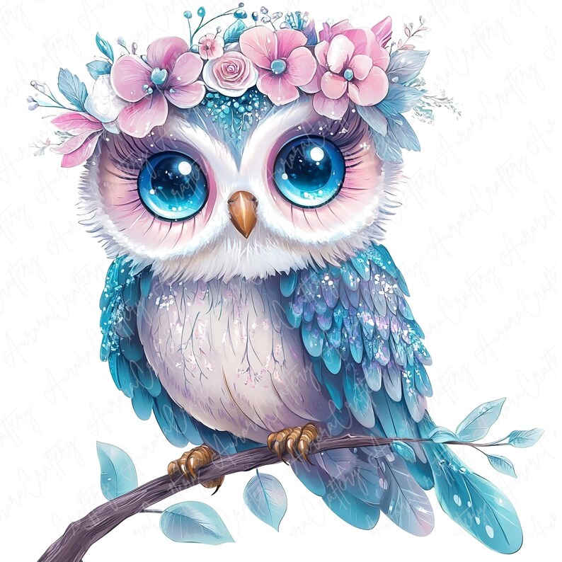 A collection of 16 whimsical watercolor owls adorned with beautiful floral crowns, ideal for use in invitations, nursery decor, and stickers. Each owl is intricately designed with delicate flowers and bright colors.