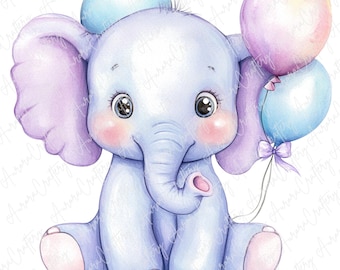 3 Watercolor Kawaii Elephant Clipart, Baby Elephants with Balloons, Cute Pet Clipart for Crafts, High-Quality JPG Download
