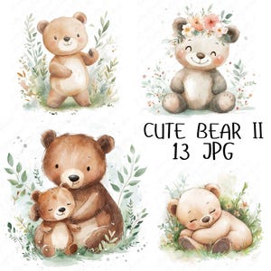 13 Clipart de urso aquarela, clipart de urso da floresta, clipart de animal fofo da floresta, clipart fofo de berçário da floresta, download de JPG de alta qualidade