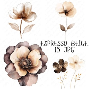 15 akwarelowych Espresso Beige Floral Clipart, Ciepłe Brązowe i Beżowe Kwiaty, Abstrakcyjne Kwiaty do Papierowych Rzemiosł, Wysokiej Jakości Pobieranie JPG