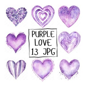 13 Clipart di cuori viola ad acquerello, cuori viola, clipart di San Valentino, clipart d'amore, lavoretti di San Valentino, JPG di alta qualità
