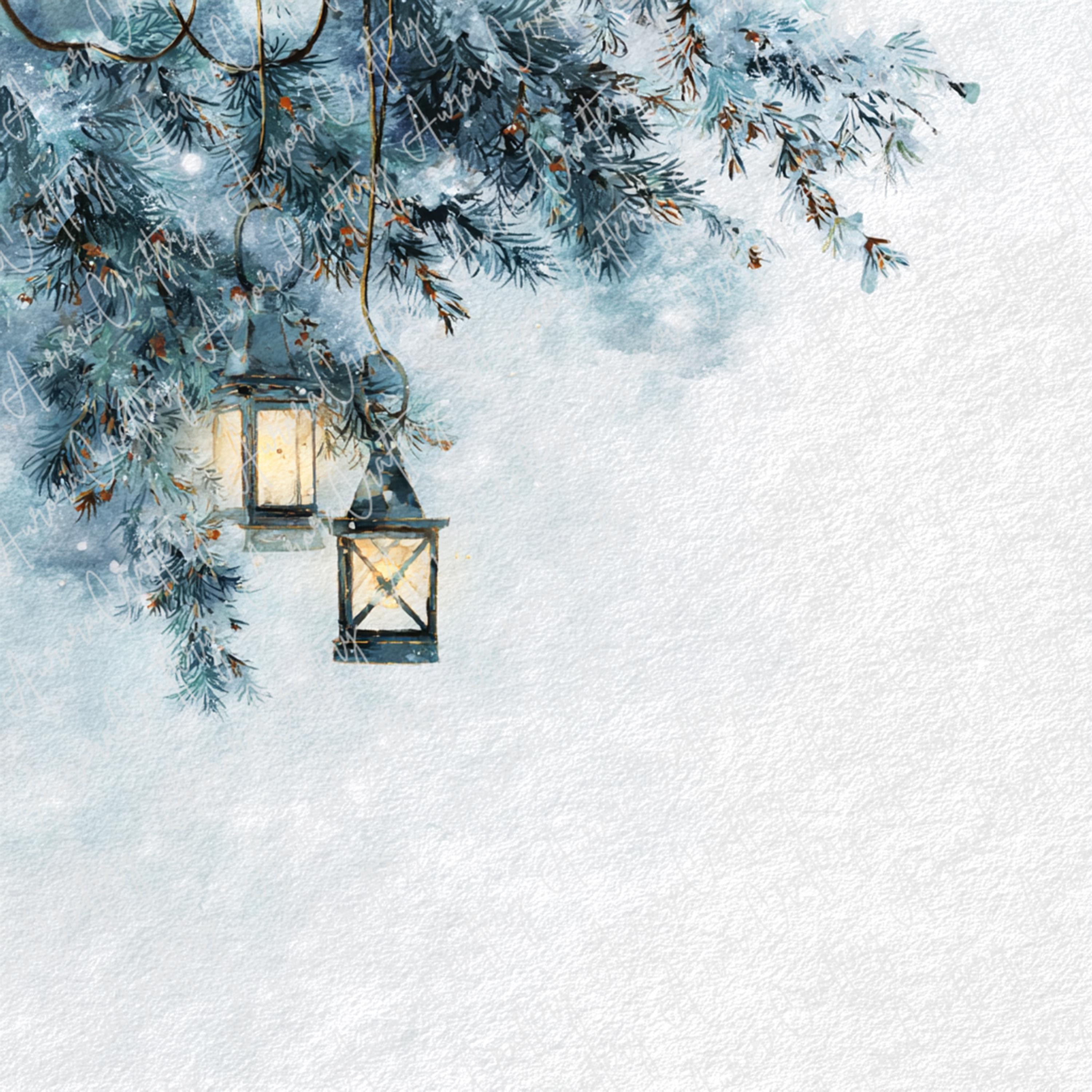 4 Watercolor Winter Lantern Backgrounds, Cozy Blue Pine Scene, Snowy ...