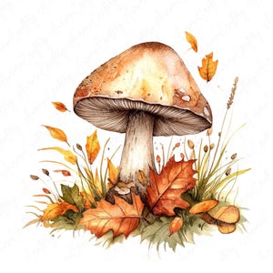 8 Watercolor Mushroom and Fall Foliage Clipart, Autumn Leaves, Rustic Forest Elements, Fall Paper Crafts, High Quality JPG Digital Download