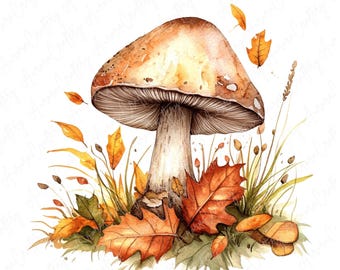 8 imágenes prediseñadas de hongos y follaje otoñal en acuarela, hojas de otoño, elementos de bosque rústico, manualidades de papel de otoño, descarga digital JPG de alta calidad