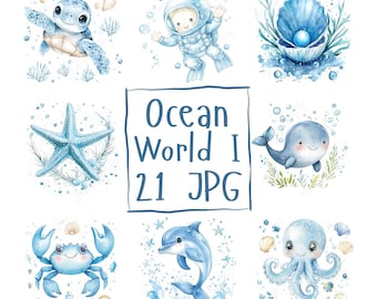 21 Watercolor Sea Creatures Clipart Sealife Clipart Ocean Clipart, Cute Sea Animals, Starfish, Octopus , Dolphins, High Quality Download