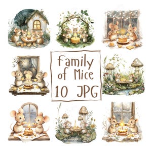 10 Clipart di famiglia di topi ad acquerello, Clipart di topi carini, topi Cottagecore con candele, funghi e torte, download digitale JPG di alta qualità