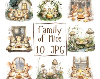 10 Watercolor Family of Mice Clipart, Cute Mouse Clipart Cottagecore Mice with Candles, Mushrooms & Cakes, High Quality JPG Digital Download