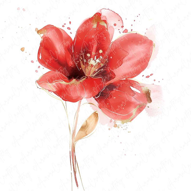 Watercolor red floral clipart image file JPG, featuring bold red blooms, perfect for adding a passionate touch to nursery decor, invitations, and more