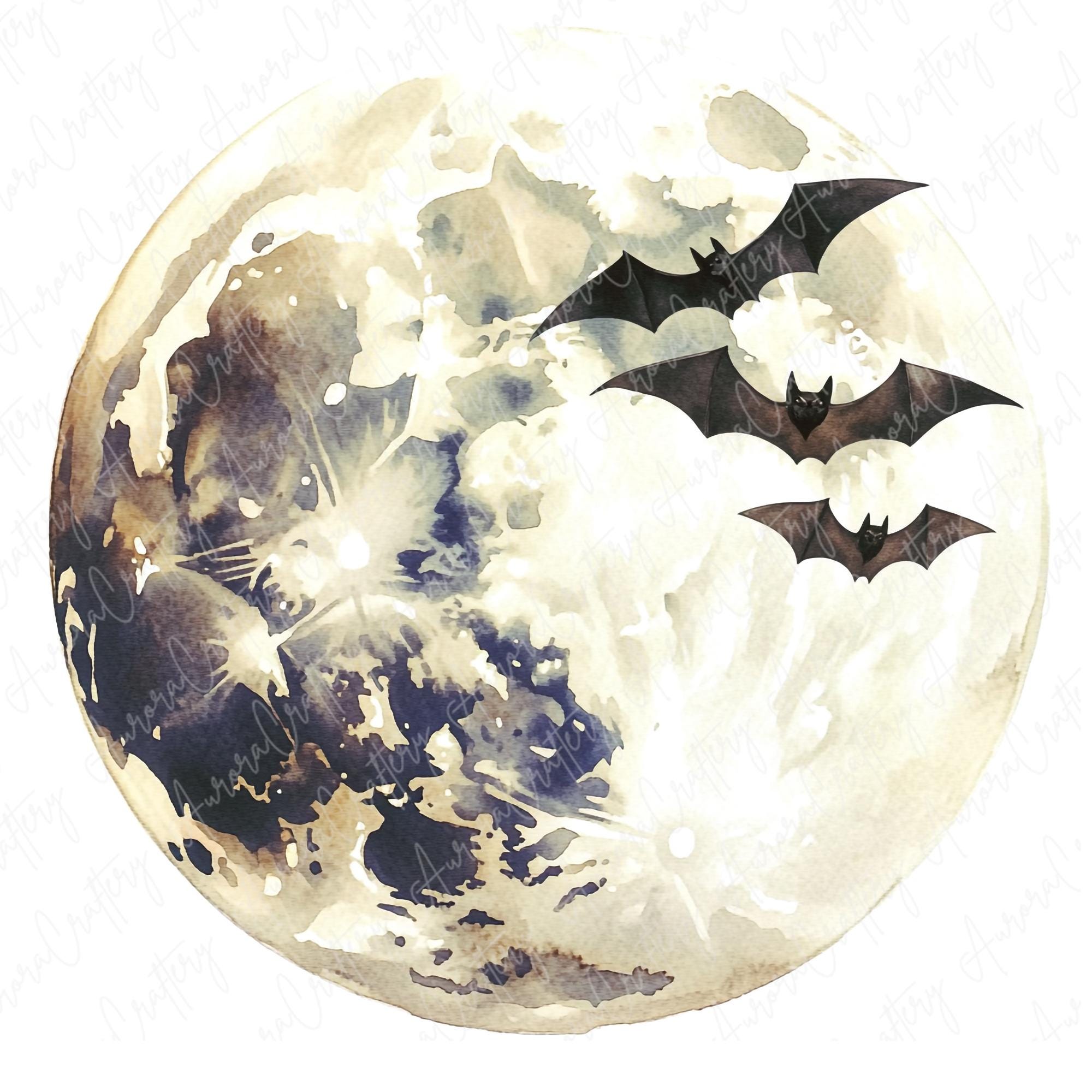 8 Spooky Full Moon With Bats Clipart, Watercolor Spooky Moon Clipart ...