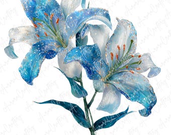 6枚の水彩画ユリの花のクリップアート、金色のアクセントが付いた青と