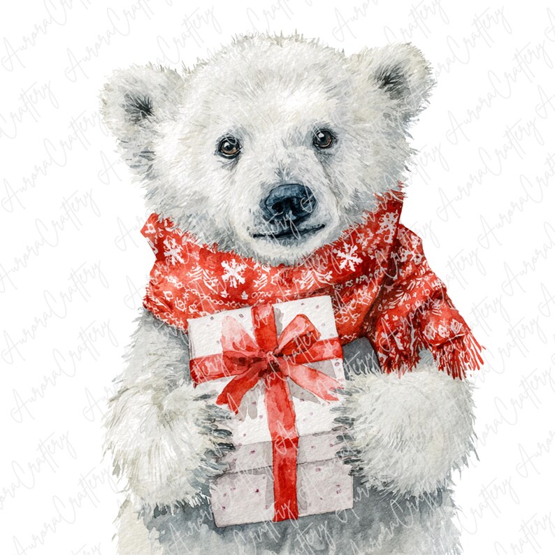 4 Watercolor Polar Bear Clipart JPG, Cute Winter Bears With Gifts and ...