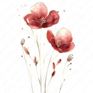 Watercolor red floral clipart image file JPG, featuring bold red blooms, perfect for adding a passionate touch to nursery decor, invitations, and more