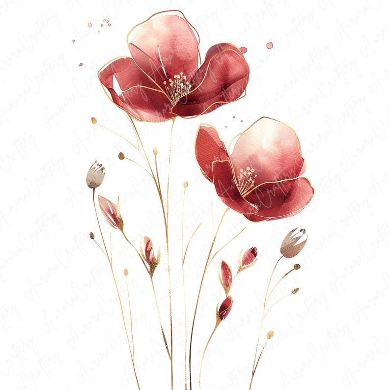 Watercolor red floral clipart image file JPG, featuring bold red blooms, perfect for adding a passionate touch to nursery decor, invitations, and more