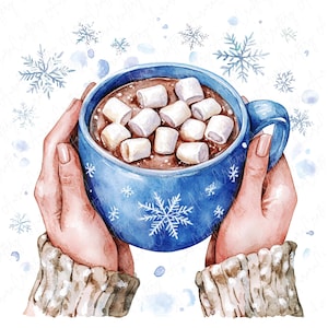 May include: A blue mug with snowflake designs filled with hot chocolate and topped with marshmallows. The mug is being held by two hands wearing brown knitted gloves. The background is white with blue snowflakes.