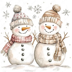 6 imágenes prediseñadas de pareja de muñecos de nieve de invierno en acuarela, lindas imágenes prediseñadas de muñecos de nieve de invierno para decoraciones festivas, tarjetas y manualidades, descarga JPG de alta calidad
