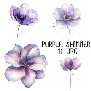 7 Lila Lila Perlen Aquarell Blumen Clipart, magische Blumen Kunst, elegante lila Blume Clipart zum Basteln, hochwertiger JPG Download