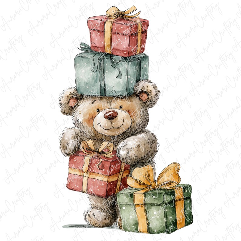 12 Watercolor Teddy Bear Clipart, Cute Bears With Gift Boxes, Festive ...