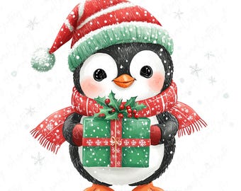 6 Watercolor Winter Penguin Clipart, Festive Penguin with Gift Clipart, Cute Animal Clipart for Paper Crafts, High-Quality JPG Download
