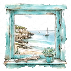 Op de afbeelding: Een aquarel schilderij van een raam met uitzicht op een strand en de oceaan. Het raam is geschilderd in tinten blauw en groen, en het frame is verweerd en versleten. Het strand is zanderig en er zijn rotsen en kliffen in de verte. Twee zeilboten zijn zichtbaar in de oceaan. Een kleine vetplant staat op de vensterbank in een blauwe pot.