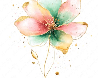 Può includere: Un dipinto ad acquerello di un singolo fiore con accenti dorati. Il fiore è rosa, verde e giallo con un contorno dorato. Lo sfondo è bianco.