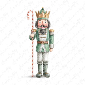 May include: Watercolor illustration of a Christmas nutcracker soldier in a green uniform, gold crown, and a candy cane. The nutcracker has a black mustache and a stern expression. A festive holiday decoration.