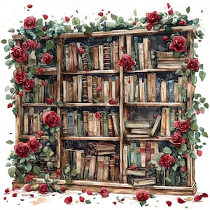 9 Floral Bookshelf Clipart, Romantic Roses and Vintage Bookshelves With ...