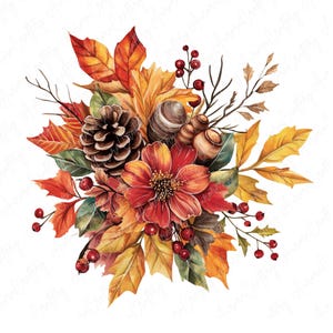 8 cliparts aquarelle de feuilles d'automne et bouquet de glands, feuillage d'automne, pommes de pin et baies, créations en papier d'automne, téléchargement JPG de haute qualité