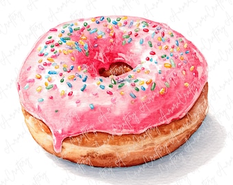 6 Watercolor Pink Donut Clipart, Donuts with Sprinkles, Dessert Clipart for Party Crafts, Stickers, and Invitations, High Quality JPG