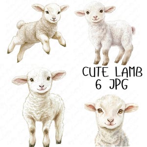 6 Clipart de Cordeiro Bonito em Aquarela, Clipart de Berçário de Cordeiro Adorável, Clipart de Animal Bebê Fofo para Artesanato de Berçário, Download JPG de Alta Qualidade
