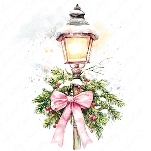 8 aquarel feestelijke lantaarnpaal clipart, roze winter lantaarn clipart, straatlantaarn clipart voor winter clipart ambachten, hoge kwaliteit JPG