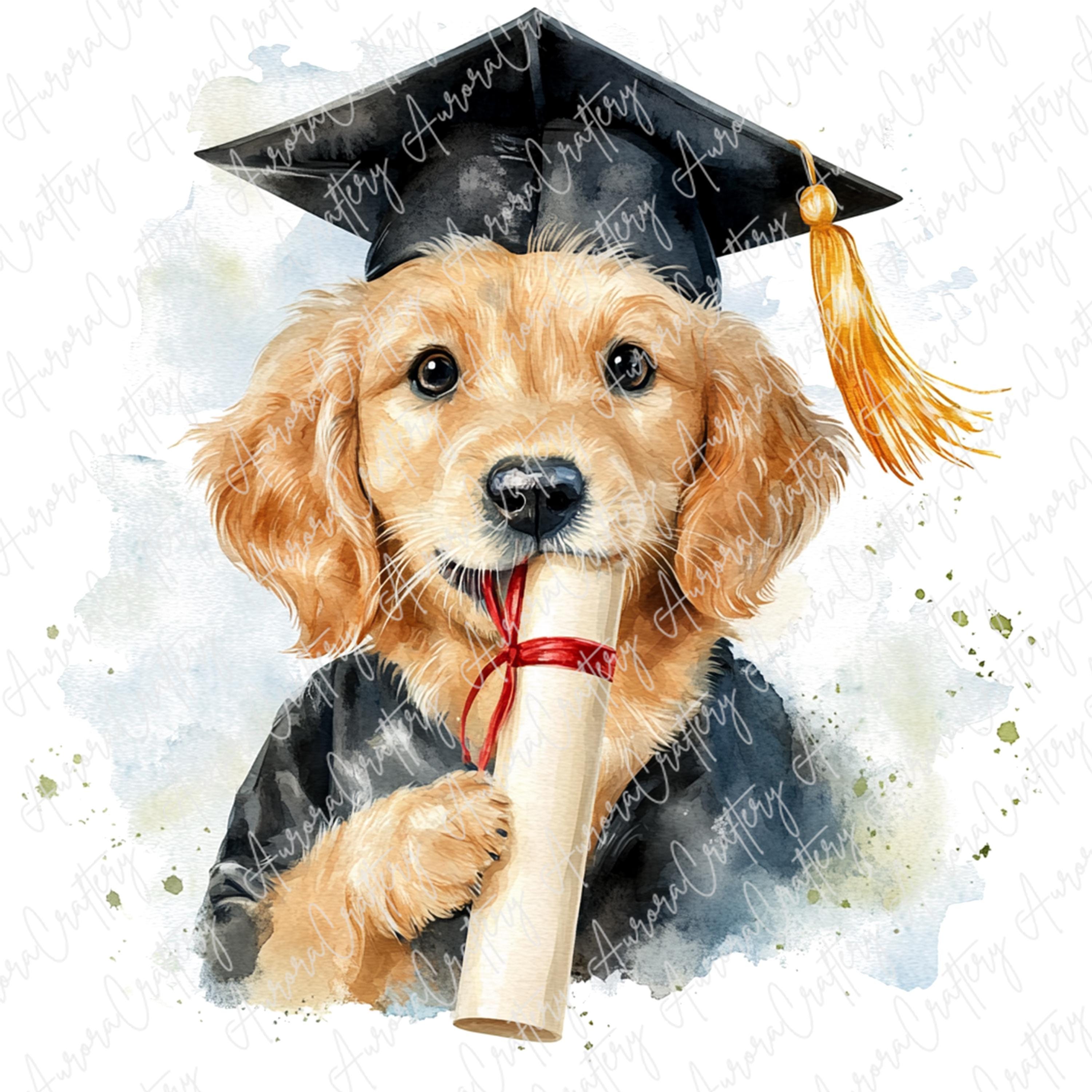 7 Graduation Golden Retriever Dog Clipart, Watercolor Puppies in