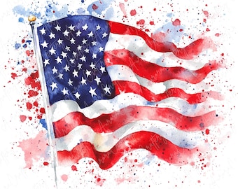 May include: A watercolor painting of an American flag waving in the wind. The flag is surrounded by red, white, and blue watercolor splatters.