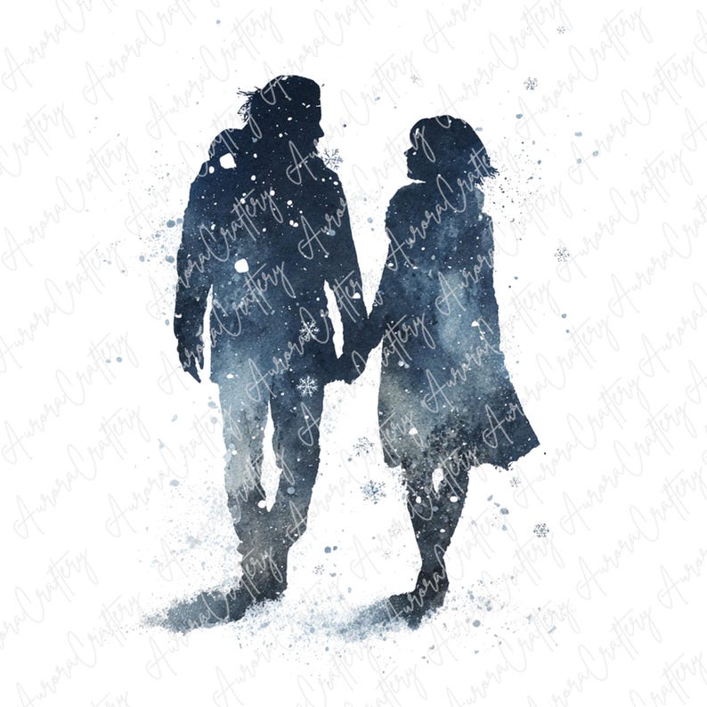 10 Watercolor Couple Silhouette Clipart, Romantic Winter Lovers in Blue ...