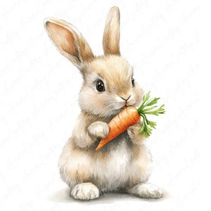 Hand Drawn Rabbit Eating 10 Watercolor Rabbit Eating Clipart, Cute Bunny Eating Carrot and ...