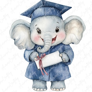 4 Aquarell Abschluss Elefant Clipart in blau, Elefanten mit Abschlusshüten und Diplomen, niedliche Tier Clipart, hochwertige JPG